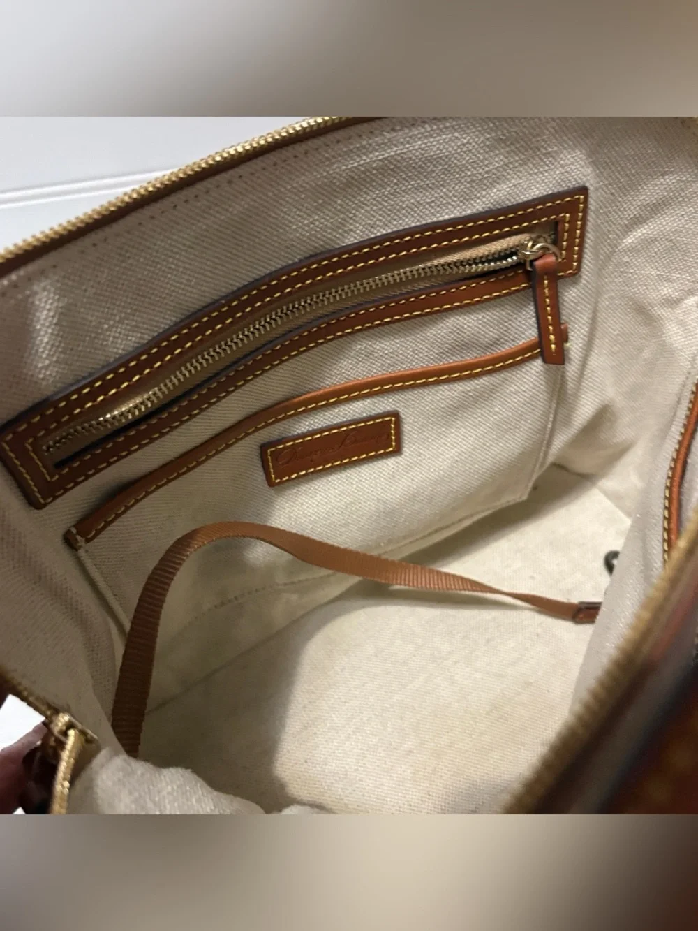 Dooney & Bourke DB Monogram Leather Brown Domed Satchel Shoulder Bag Purse Tote